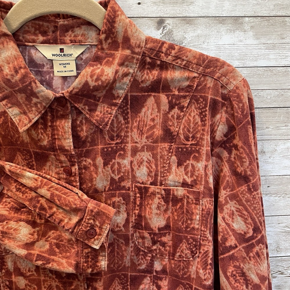 Woolrich Womens M Shirt Rust Leaf Print Micro Wale‎ Corduroy Button Front Cotton